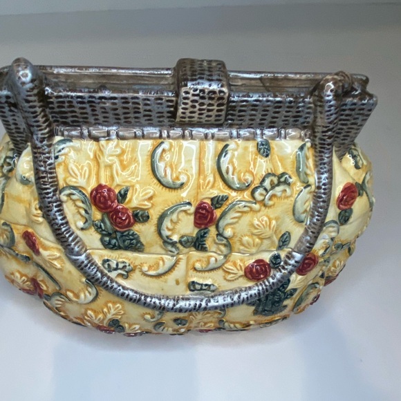 Vtg Porcelain Purse Shaped Cookie Jar Yellow, Green, Silver and Red - Picture 3 of 14